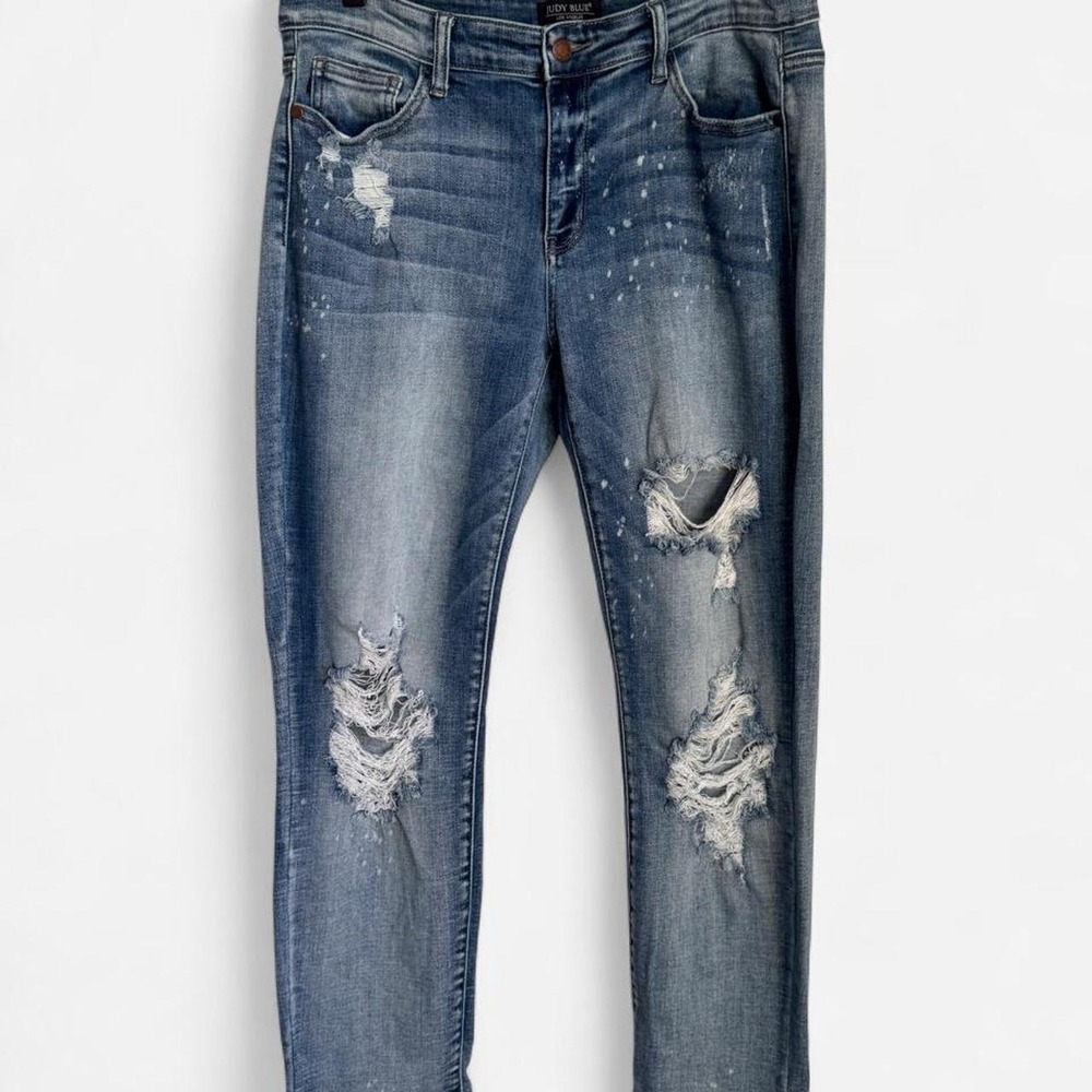 Judy Blue JB82169LT Distressed Paint Splatter Boyfriend Jeans Medium Wash 13/31